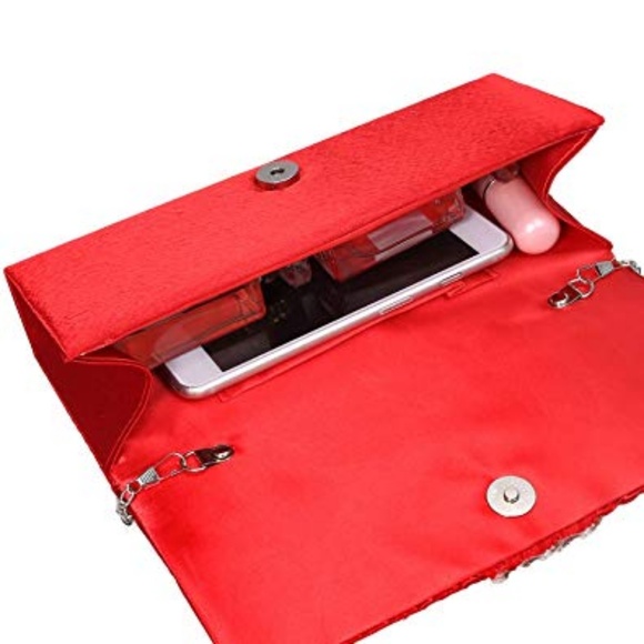 Red Satin Pearl and Diamond Handbag Clutch Purse - Picture 5 of 5